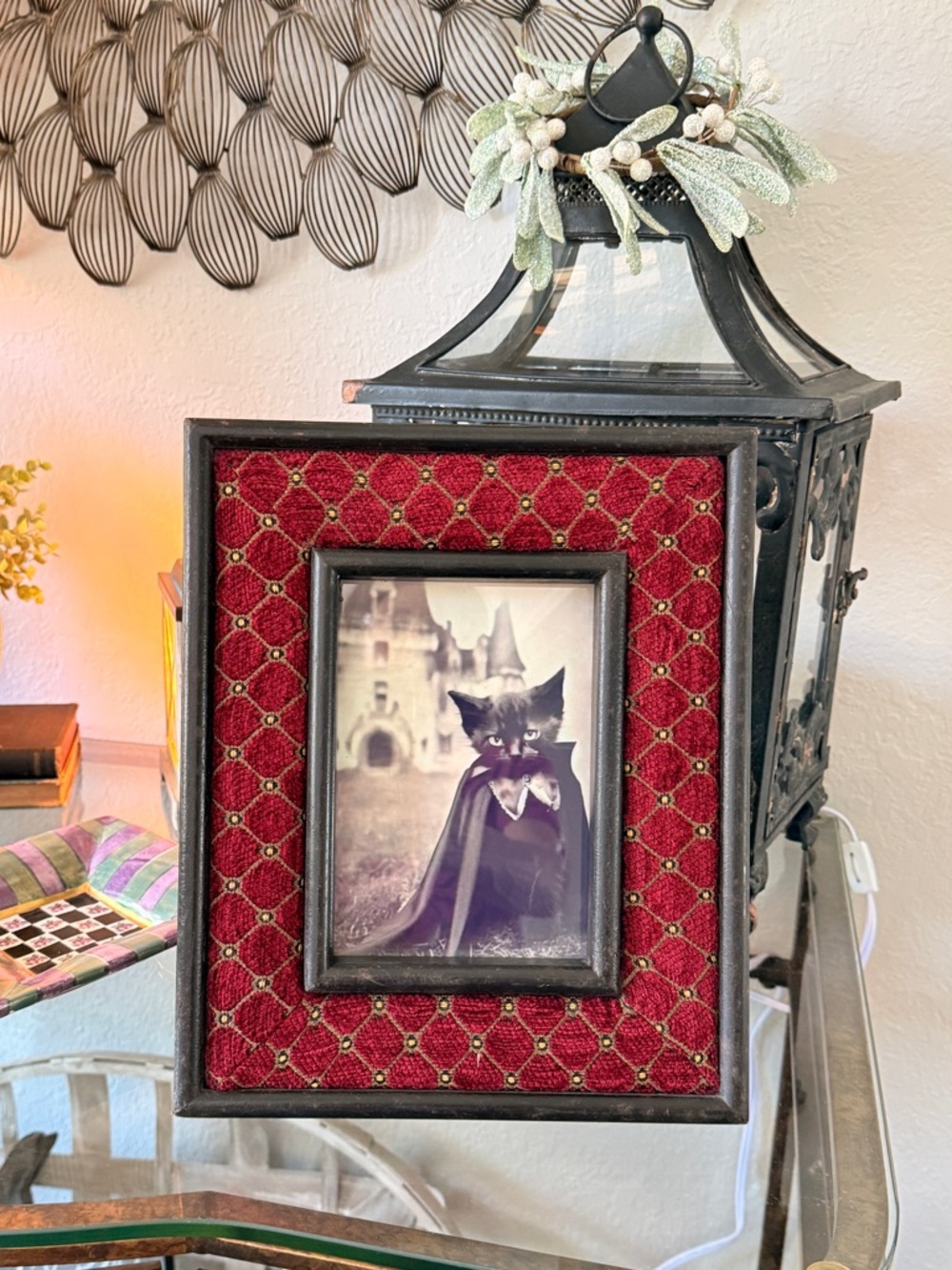 Vintage Gothic Red Quilted Velvet Picture Frame with Black Cat